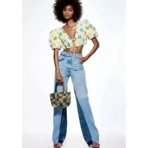 ZARA Patchwork Retro Wide Leg Denim Sz 2 - Picture 1 of 4